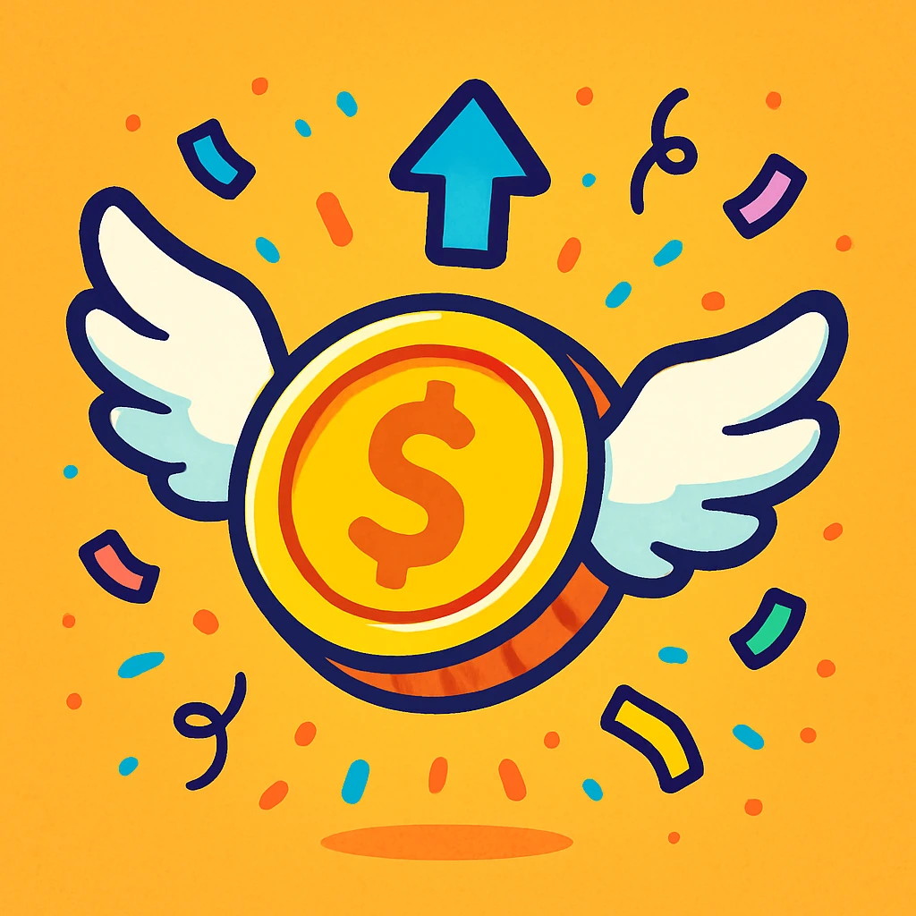 coin with wings and confetti, flying upward, representing a weekly bonus, vibrant playful style emoji