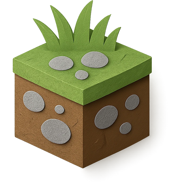 brown cube with small gray stones inside and green grass on top emoji