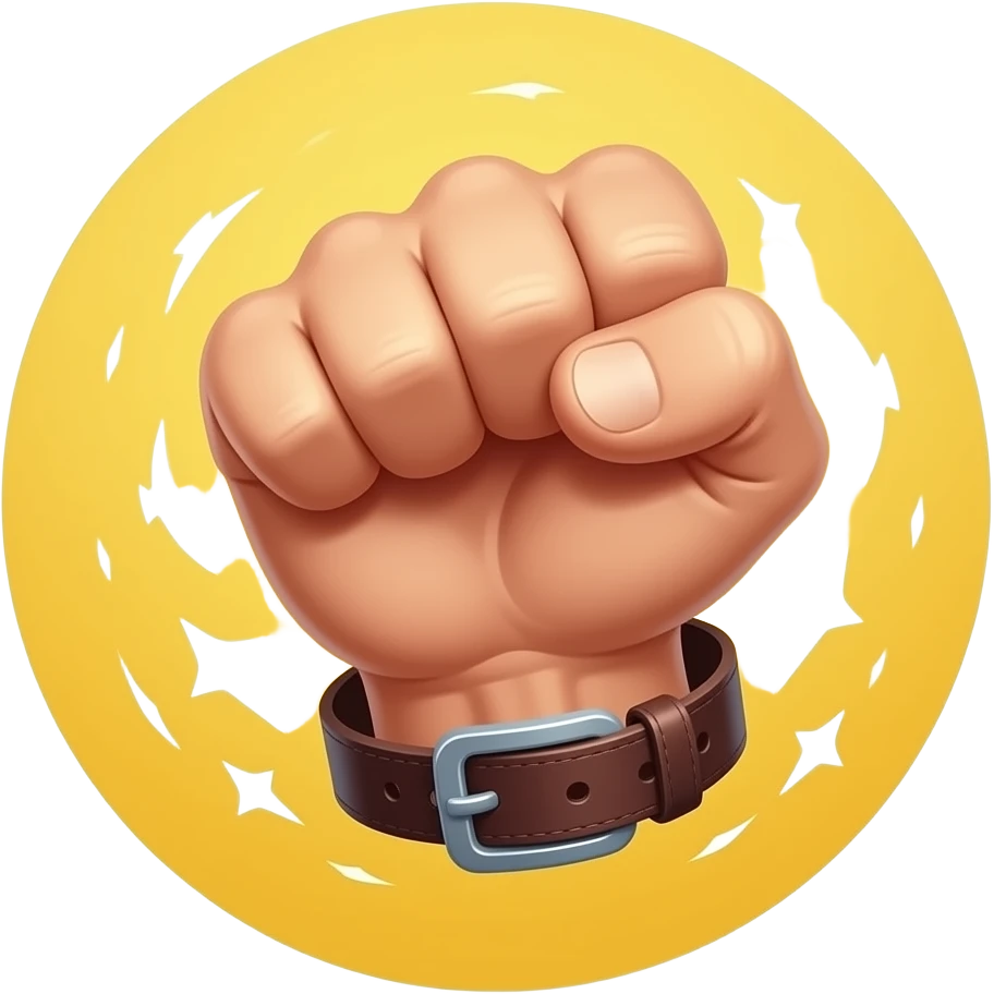 "A 3D rendered emoji of a furious muscular fist tightly gripping a dark brown leather belt, captured mid-air with stylized white speed lines and small energy sparks, indicating a powerful whipping action, cartoonish detail, plain yellow circular background." emoji