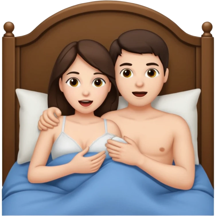 Brunette performing oral sex on a male in bed emoji