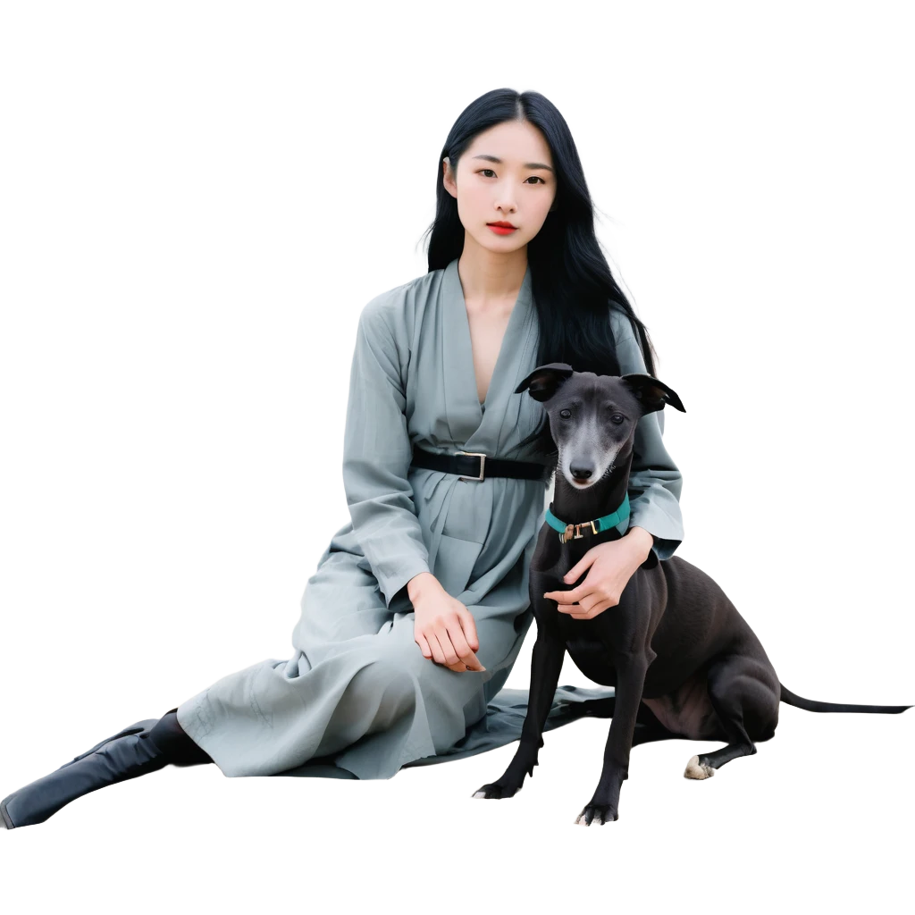A very beautiful and attractive 25-year-old Chinese woman with long flowing black hair and a SOLID DARK GREY whippet sitting together on a beach during a beautiful sunset. The whippet MUST be COMPLETELY SOLID DARK GREY with ABSOLUTELY NO WHITE MARKINGS ANYWHERE - no white chest, no white face, no white paws, no white tip on tail - ENTIRELY ONE SOLID DARK GREY COLOR throughout the entire dog. Orange and red sunset sky over the ocean, sandy beach in the foreground. emoji