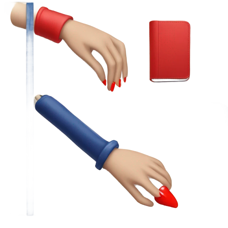 a hand with a red manicure holds a dark blue diary emoji