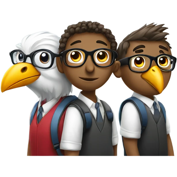 three birds in a school studying but only one of them is learning and wearing glasses emoji