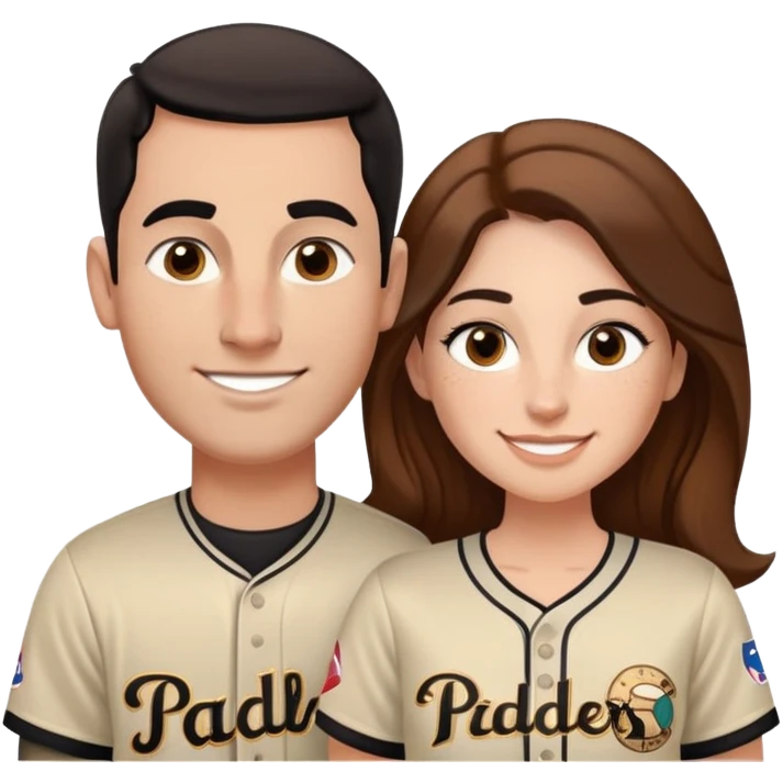 *White* couple smiling. Woman has big cheeks and a lot of freckles on the nose. long brown hair. Man has black and very short hair and prominent eyebrows with egipcian nose. Both are wearing “Los Padres” baseball new 2025 jearsey. Accurate jersey.  emoji