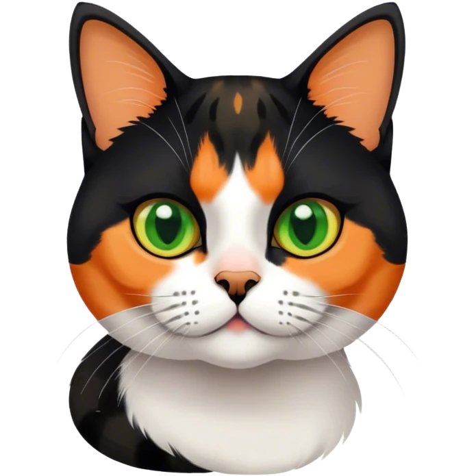 American shorthair calico cat with big green eyes and black fur on the right side of their face and orange on the left side sitting down emoji
