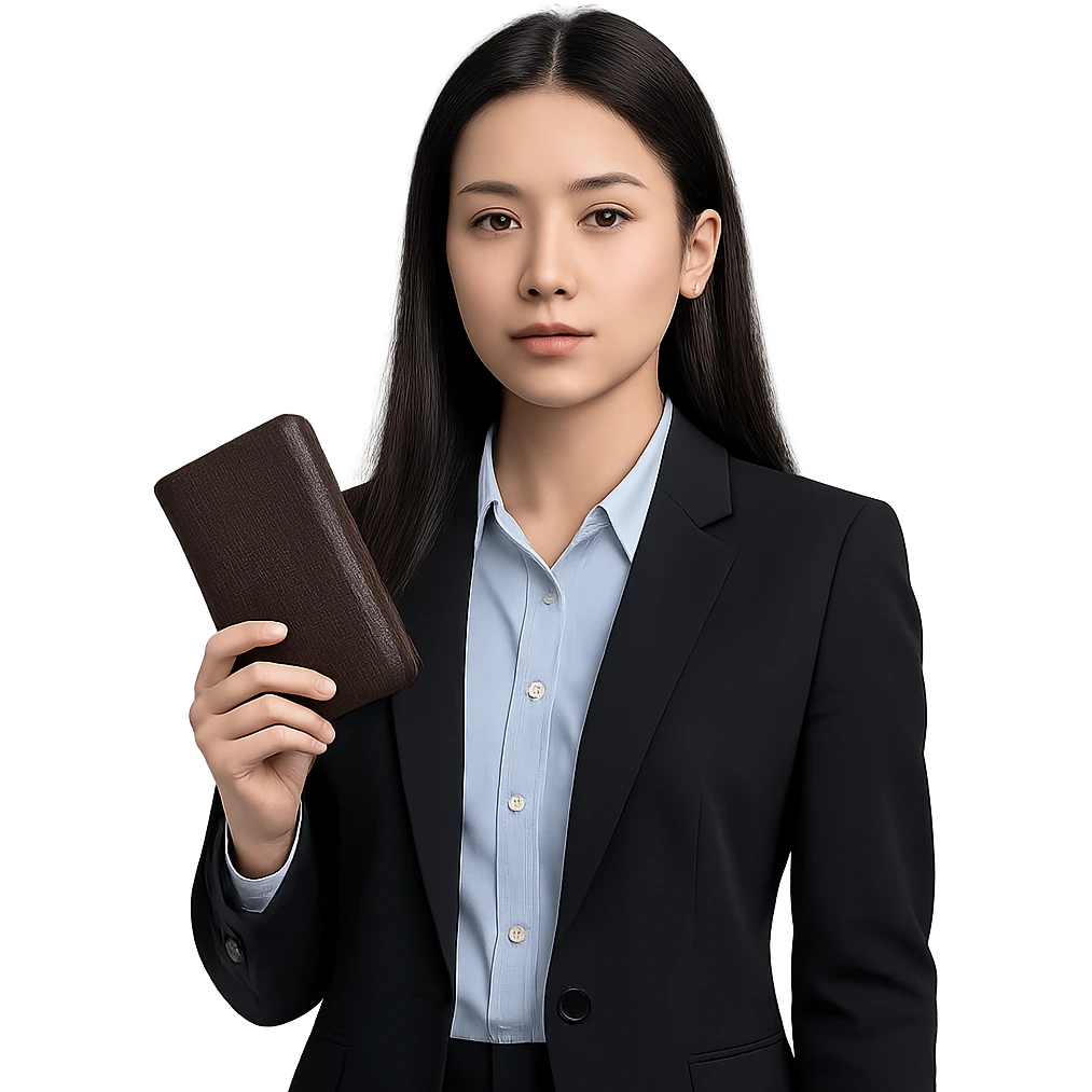 a girl with long black hair, neutral expression, wearing business style clothes including shirt and jacket, holding a wallet as an accessory, professional and clean style emoji