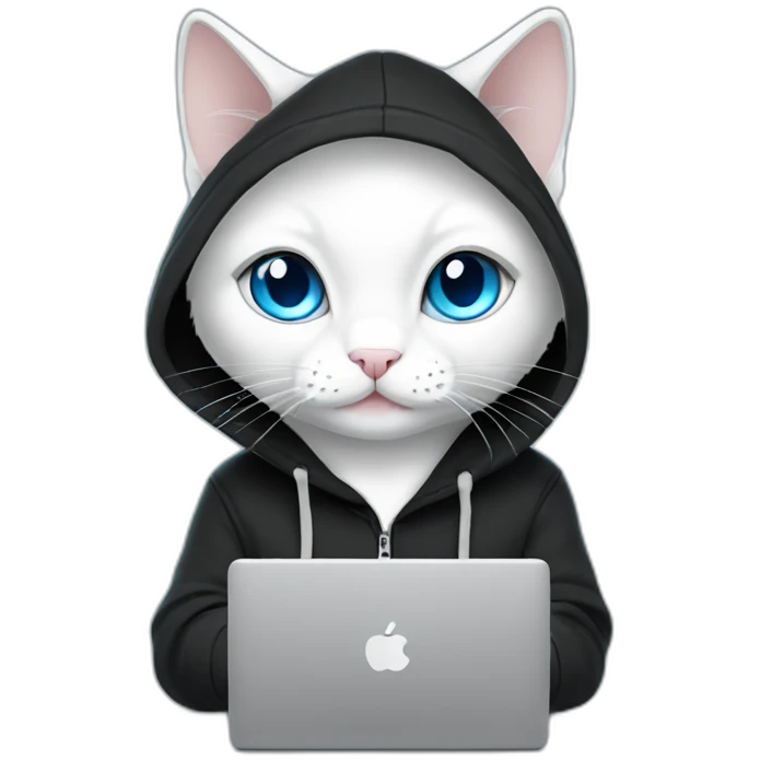White Cat in black hoodie blue eyes with laptop emoji