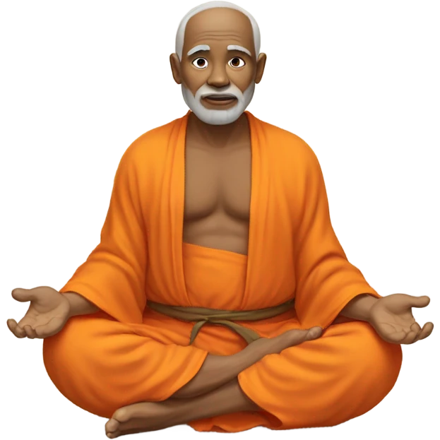 an old yogi with a peaceful and meditative expression. The character should be wearing an orange robe, symbolizing traditional yogic attire. The yogi can be sitting in a lotus position emoji