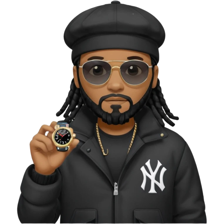 African American man with shoulder length black dreadlocks with black beard wearing black sunglasses wearing a black bubble winter coat and a New York Yankees baseball cap looking at watch emoji