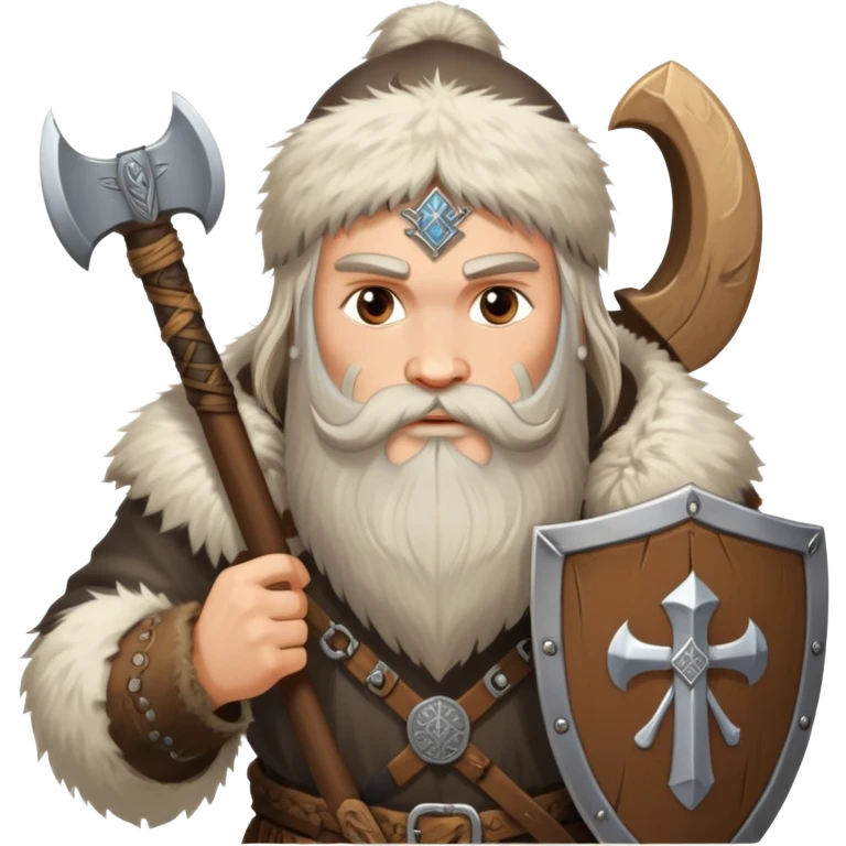 Russian pagan warrior with fur clothing, axe, shield with Slavic symbols, long beard emoji