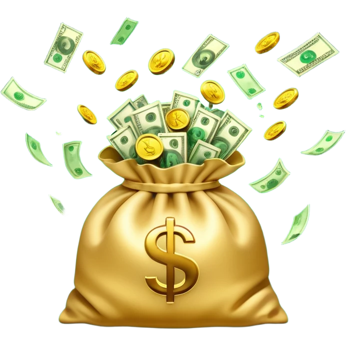 

3D emoji style, big bag of money, flying dollar bills, rich casino vibe, smooth lighting, high detail, clean edges, transparent background



 emoji