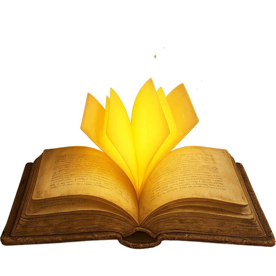 Make the magical yellow book glowing with yellow light look old and worn, with a faded cover and vintage details, keeping the background transparent. emoji