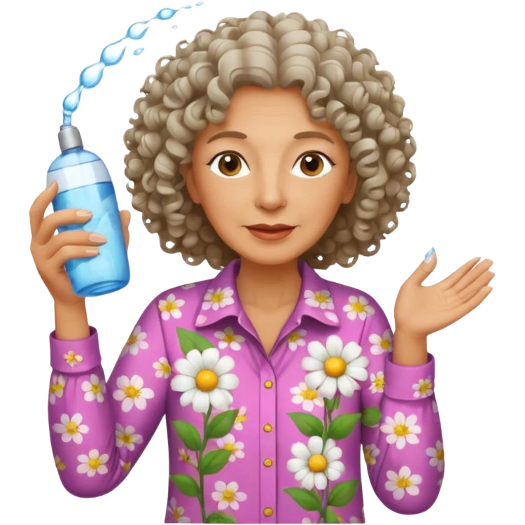Older female florist – curly hair, spraying water on fresh flowers emoji