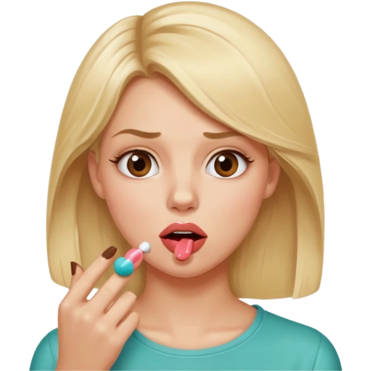 👁️🫦👁️💁🏼‍♀️ aguicheuse. elle se mord le coin de la lèvres. Elle est blonde. Ongles vernis marrons. Elle mâche un chewing-gum  emoji