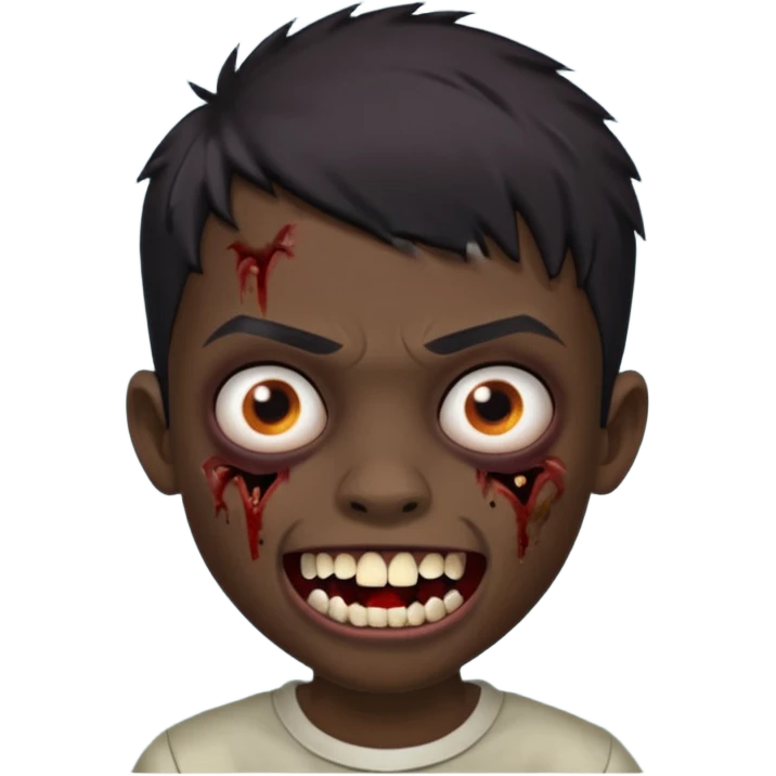 Make a boy zombie dark skin and short black 4c hair, showing a grilz teeth emoji