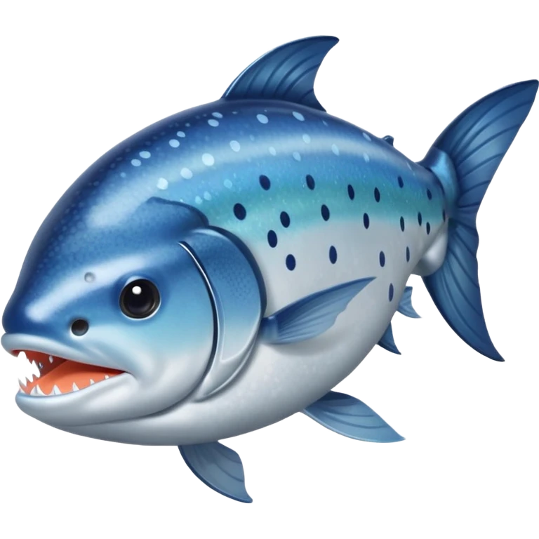 whole raw salmon, long streamlined body, shiny silver-blue skin speckled with dark spots along top and sides, pale slightly iridescent belly, fins and tail intact, mouth slightly open, visible eye, no board or garnish, soft lighting, subtle shadows, emoji scale emoji
