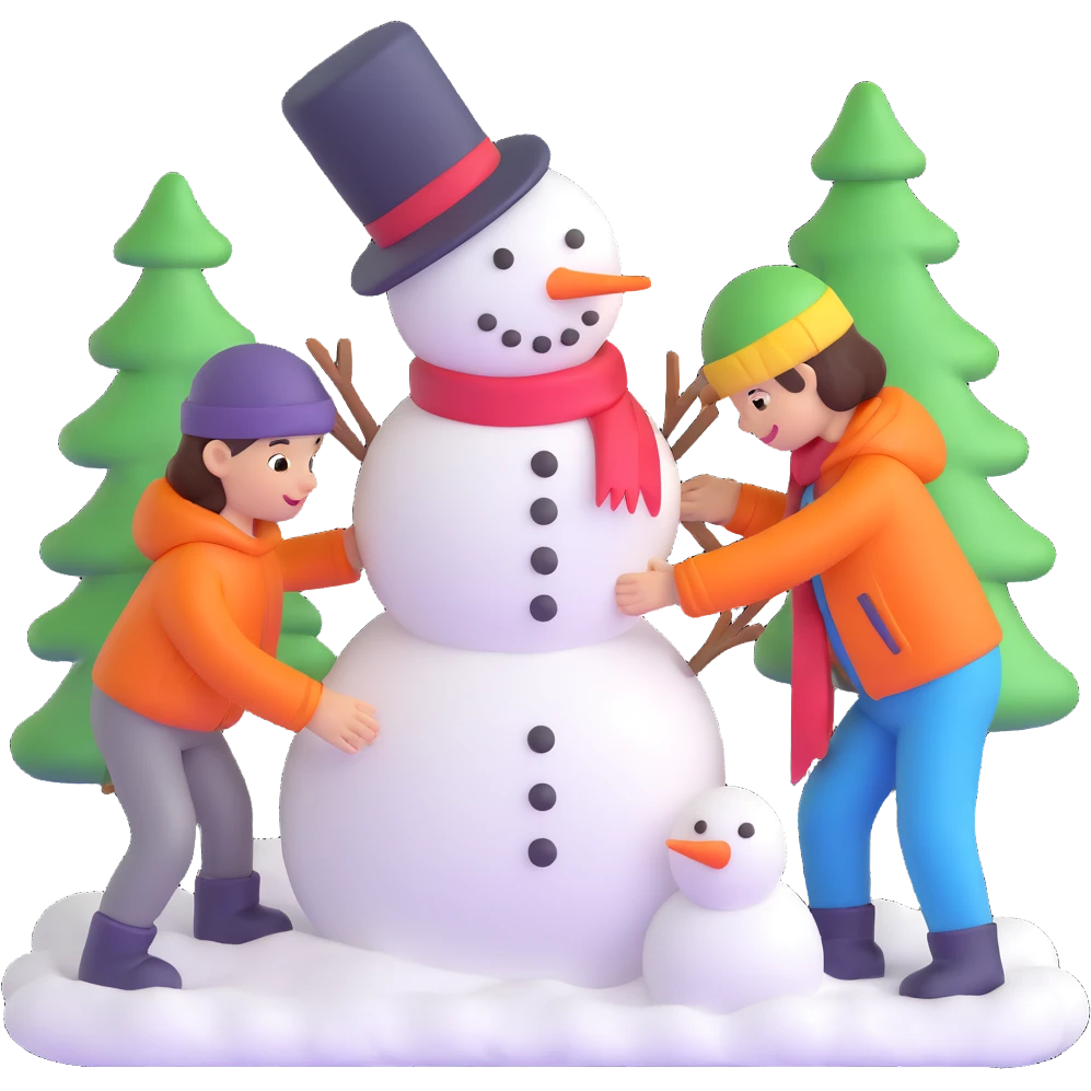 kids building a snowman, playful and bright emoji