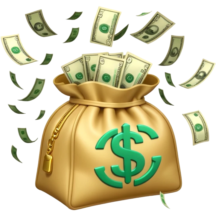 

3D emoji style, big bag of money, flying dollar bills, rich casino vibe, smooth lighting, high detail, clean edges, transparent background



 emoji