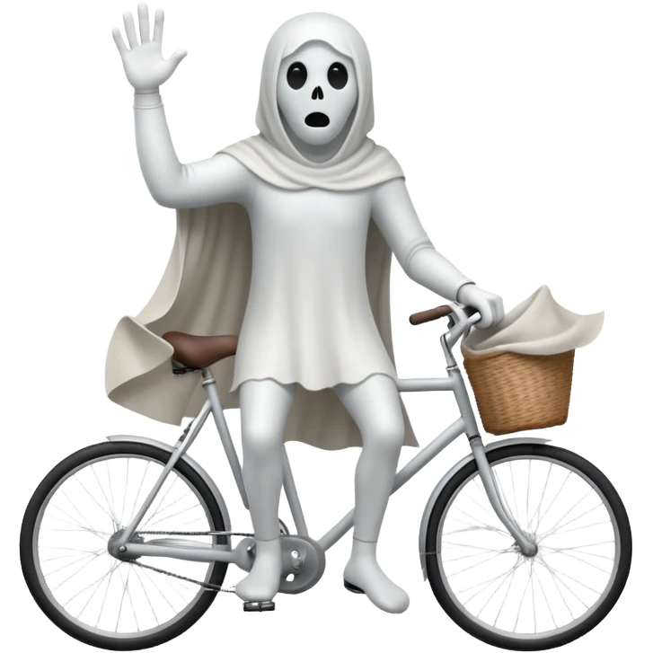 Ghost on bicycle, 3d pictograph, full body, male, arms covered with cloth and invisible, holding handlebars, left hand also holding handlebars emoji