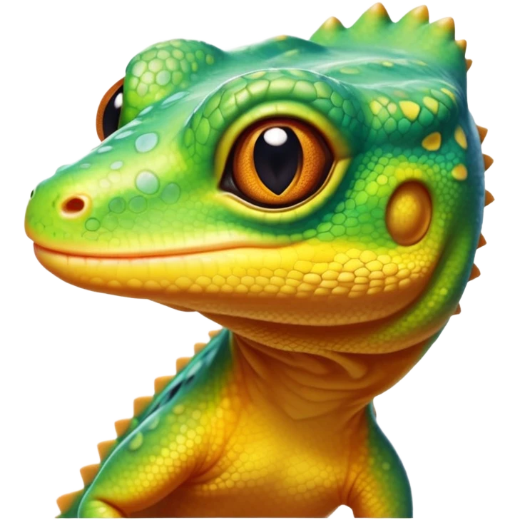 cinematic-cute-realistic gecko-portrait-emoji,-head-tilted-playfully-and-inquisitively,-featuring-a-small,-charming-body-with-smooth,-vividly-patterned-scales,-bright,-sparkling-eyes-and-delicate,-sticky-toe-pads,-simplified-yet-irresistibly-adorable emoji