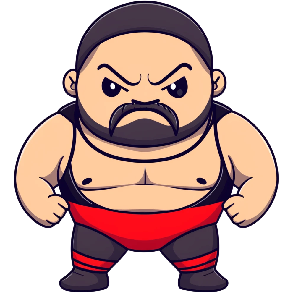 Close-up of extremely fat white skin guy with young face, beard and mustache, no muscle with prominent black durag, black eyes in a red and black wrestling singlet with angry face emoji