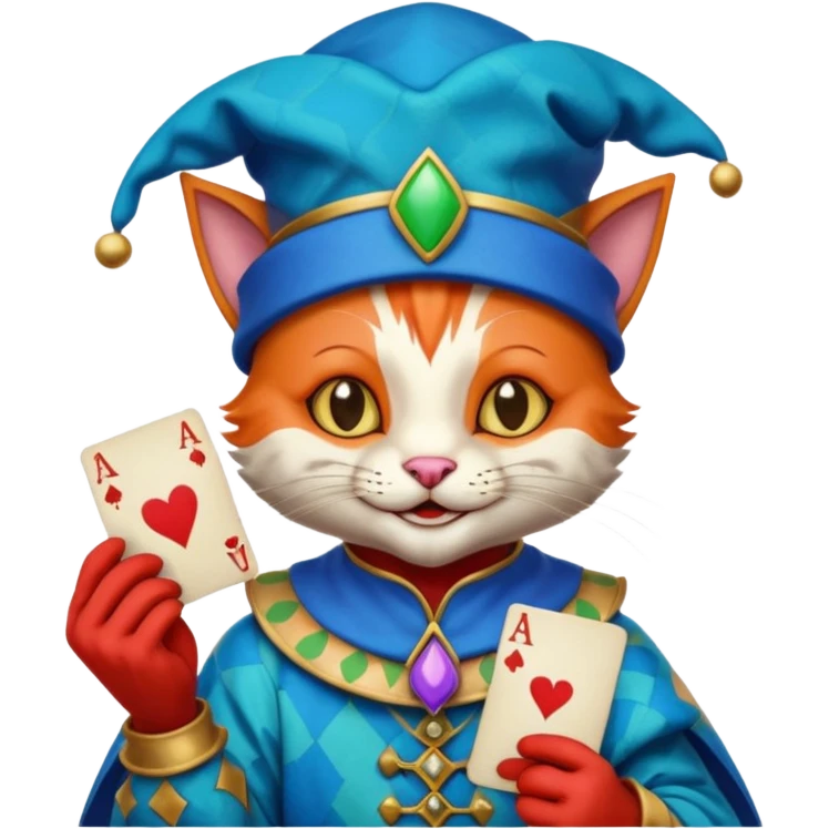 crazy colorful cute little cat jolly joker from poker, medieval, vintage, court jester, mac os icon, blue color, holds an ace poker card (clearly detailed and precise) emoji