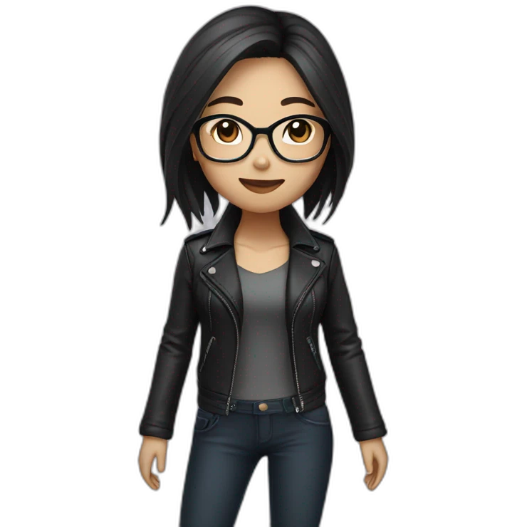 Asian girl in glasses and leather jacket whith dark long hair emoji