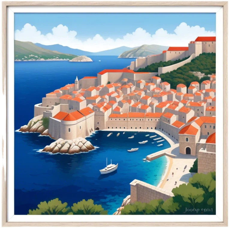 Dubrovnik – Cinematic Realistic Dubrovnik, depicted as a stunning coastal city with red-tiled roofs and ancient stone walls, set against the deep blue Adriatic Sea under warm Mediterranean light, rendered with rich textures that capture its enchanting beauty. emoji