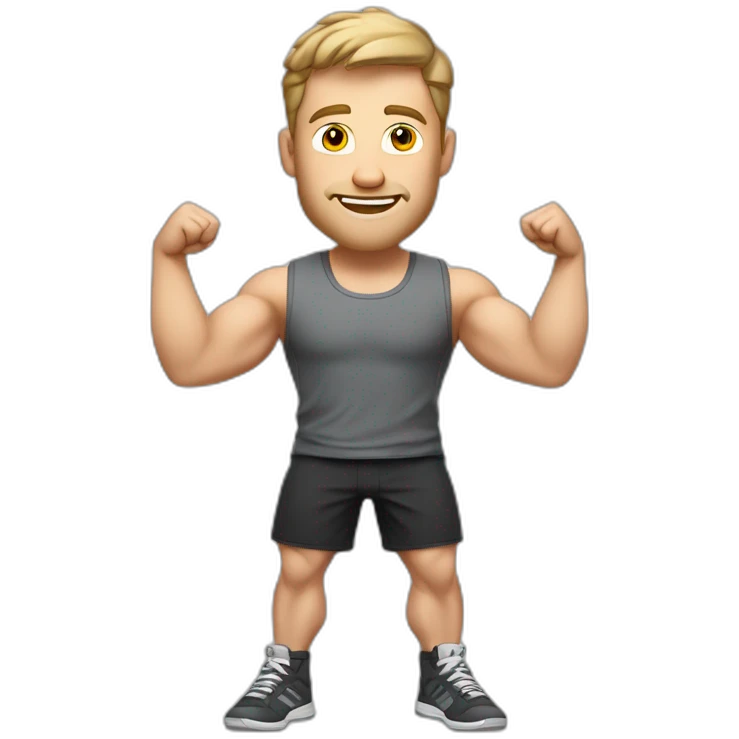 Full height Actively gesturing with hands Pale skinned Fit Man With the biceps, Bristle and light brown hair in dark gray Sleeveless Mike, black oversize sports shorts and white Sneakers emoji
