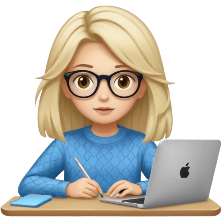 ragazza bionda con capelli molto lunghi, con occhiali tartarugati, occhi azzurri, con maglione beige, seduti alla scrivania che lavora al pc emoji