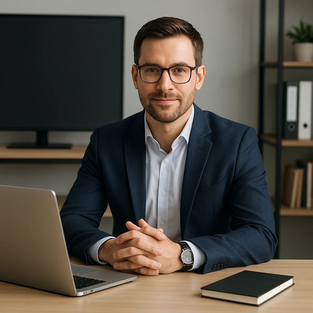 A 35-year-old male business coach sitting at a desk with a laptop, professional and modern style emoji
