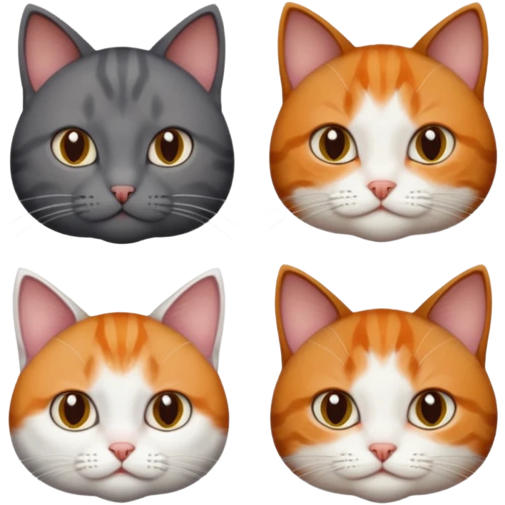 3 different coloured tiny short haired cats, including a dark grey and white cat, and a dark brown tabby and white and a ginger and white emoji