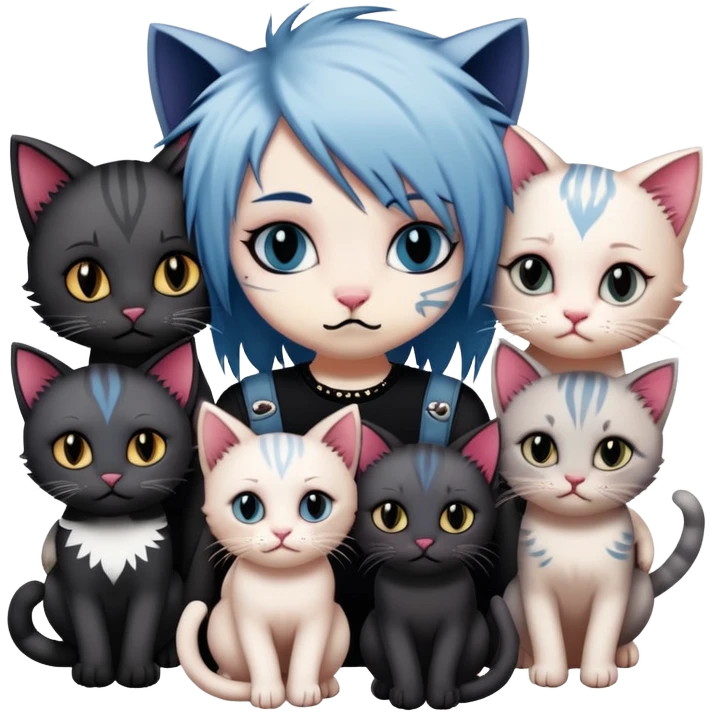 two emo cats in love with tattoos and cool hair, surrounded by five emo kittens emoji