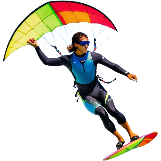 A vibrant kite soaring high in the sky, attached to a kiteboarder riding the waves below. The scene is filled with bright colors, capturing the energy of the sport. The background features the ocean, wind-blown waves, and a clear sky, showcasing the excitement and freedom of kiting. emoji