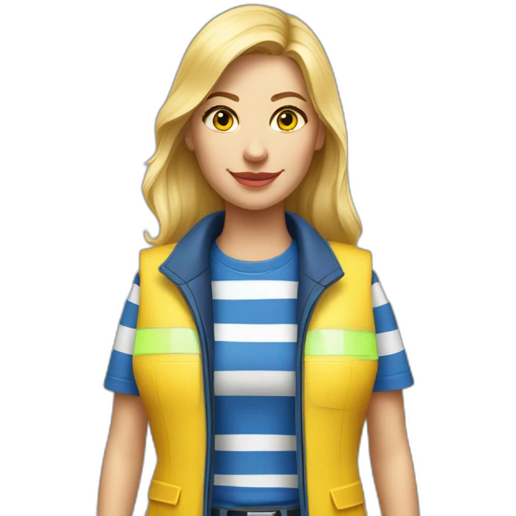 Ikea coworker blond woman blue stripes t-shirt and yellow security vest with trolley scan emoji