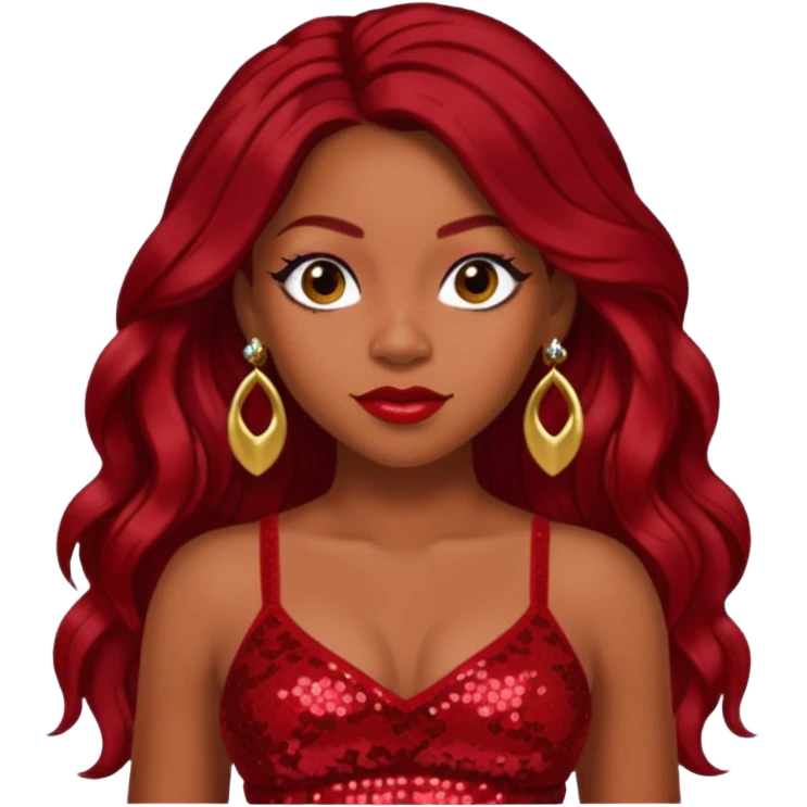 LaTavia Robeson with dark red long hair, red sequin crop top, red earring emoji