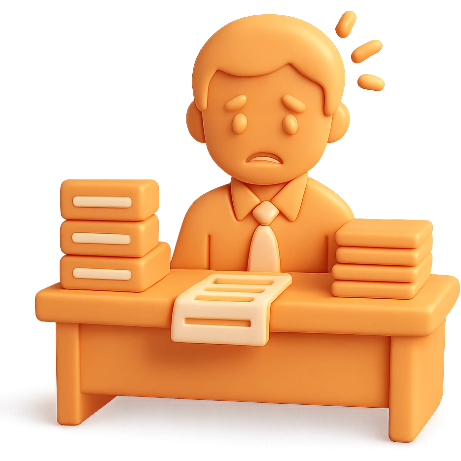 3D orange style male employee at a desk, surrounded by paperwork, looking stressed emoji