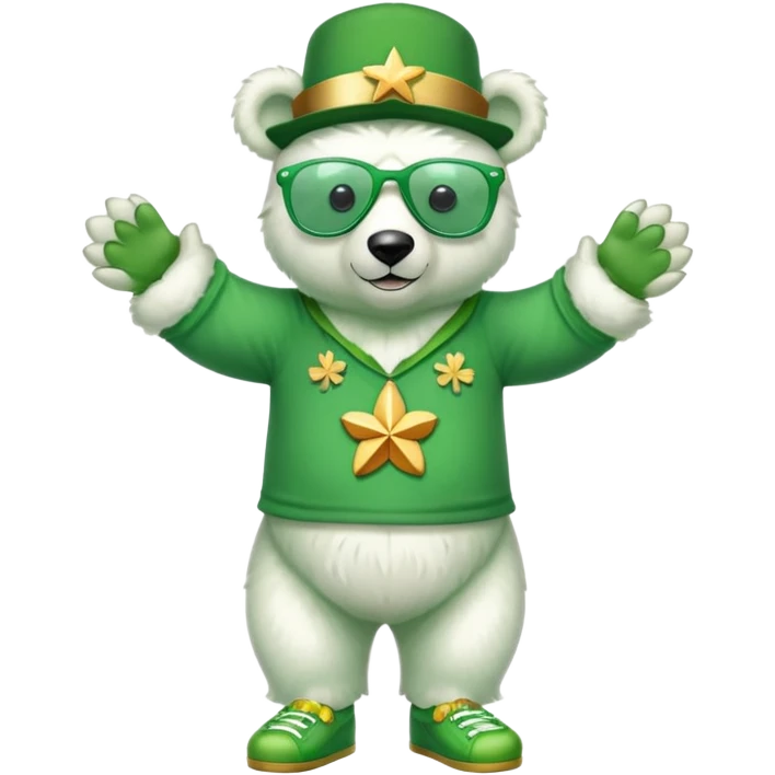 full body friendly anthropomorphised polar bear wearing oversized colorful star glasses, green hat, shamrock accessories, festive green shirt, green shoes, St. Patrick's Day emoji