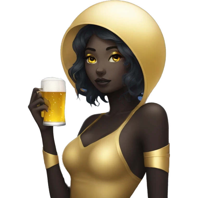 Ethereal galactic Girl wearing black and gold sat on a nebula galaxy drinking beer surrounded by golden stars and planets emoji