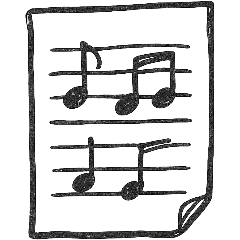 Sheet music icon, hand drawn, black outlines, no fill, simple and clean, front view emoji