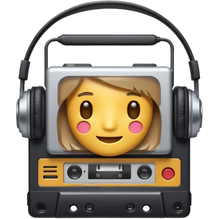 Classic Walkman emoji, Apple/WhatsApp style, front view, cassette window visible, wired headphones, soft gradients, cute proportions, no text, plain background. emoji