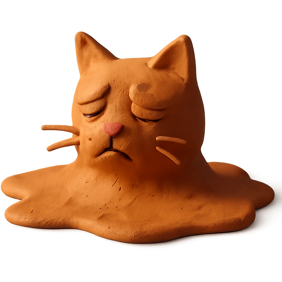 claymation style cat melting into a puddle, giving up emoji