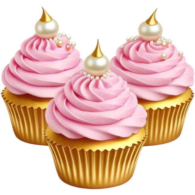Cinematic Realistic Pink Cupcakes, fluffy pastel pink frosting swirled elegantly on top of golden cupcakes, tiny edible pearls adding a delicate touch, soft warm lighting creating a dreamy atmosphere, glowing with sweetness and charm. emoji