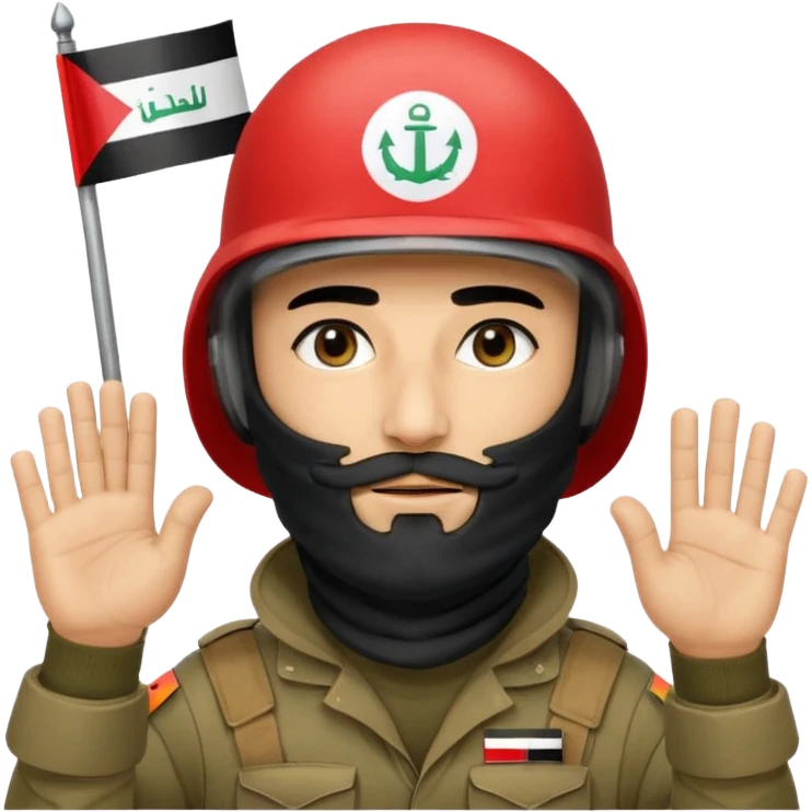 surrenders, depicts an Iraqi soldier from 1980, with a beard, in a helmet, a helmet with sign flag Iraq, with a balaclava, with sad eyes and both hands raised up emoji