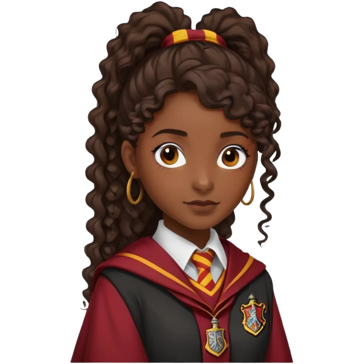 Alicia Spinnet in harry potter, wear hogwarts gryfindor uniform, long, dark, curly ponytail hair, dark skin emoji