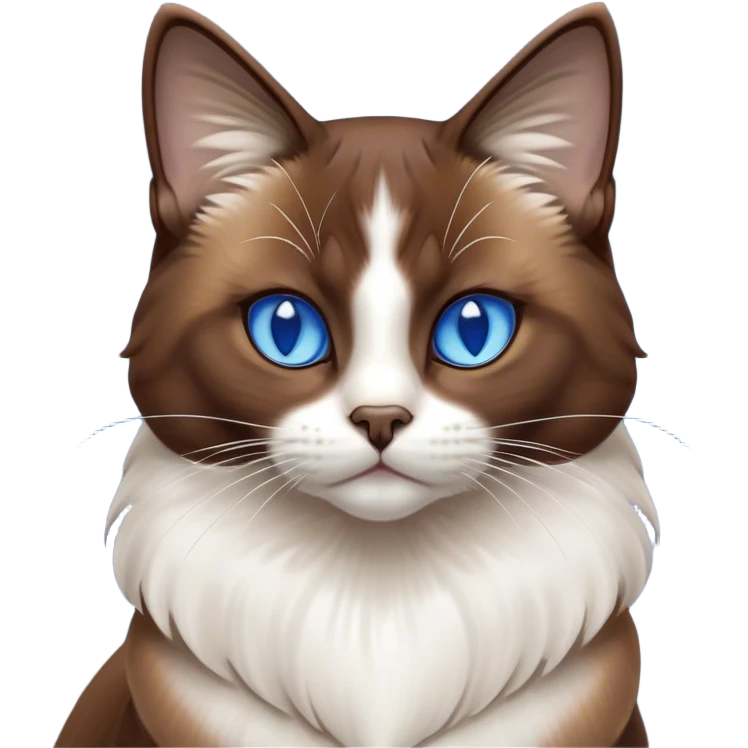 Cinematic Noble Brown Mantle Snowshoe Cat Portrait Emoji, Poised and regal, with sleek brown fur draping elegantly over its back like a mantle, contrasted by a crisp white chest, paws, and facial markings, piercing icy-blue eyes, Simplified yet sharp and sophisticated features, highly detailed, glowing with a soft, dignified glow, high shine, intelligent and graceful, stylized with an air of elegance, focused and attentive, soft glowing outline, capturing the essence of a watchful and refined feline, so majestic it feels as though it could glide across the screen with effortless confidence! emoji