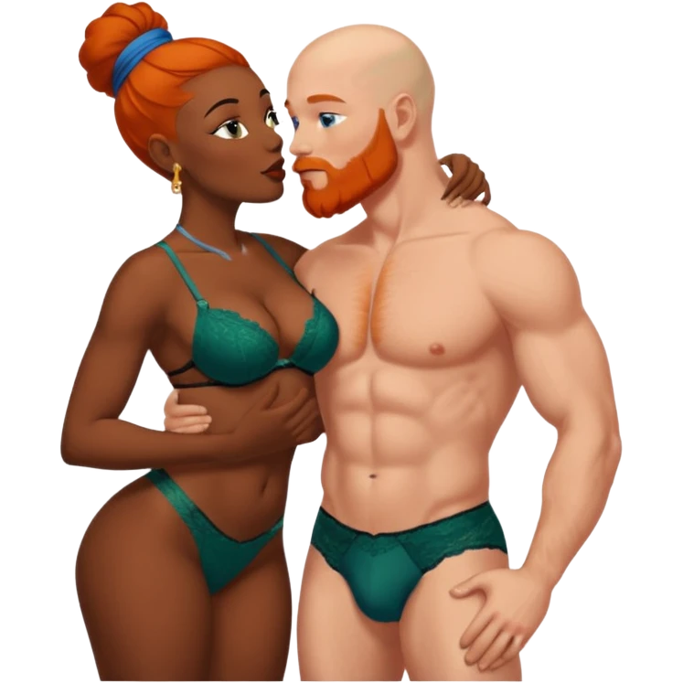 Muscular Bald white male who has a orange beard & blue eyes, kissing curvy African American dark brown woman who has long brown black hair wearing dark green lingerie, tenderness  emoji
