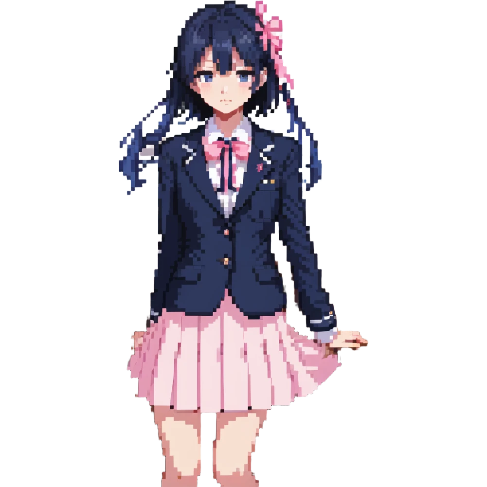 Japanese anime schoolgirl in a navy blazer, white blouse with pink ribbon, navy pleated skirt, standing in a classroom at sunset with orange glow and long shadows, one desk pulled out, black shoes, looking toward window, mood of absence and longing emoji