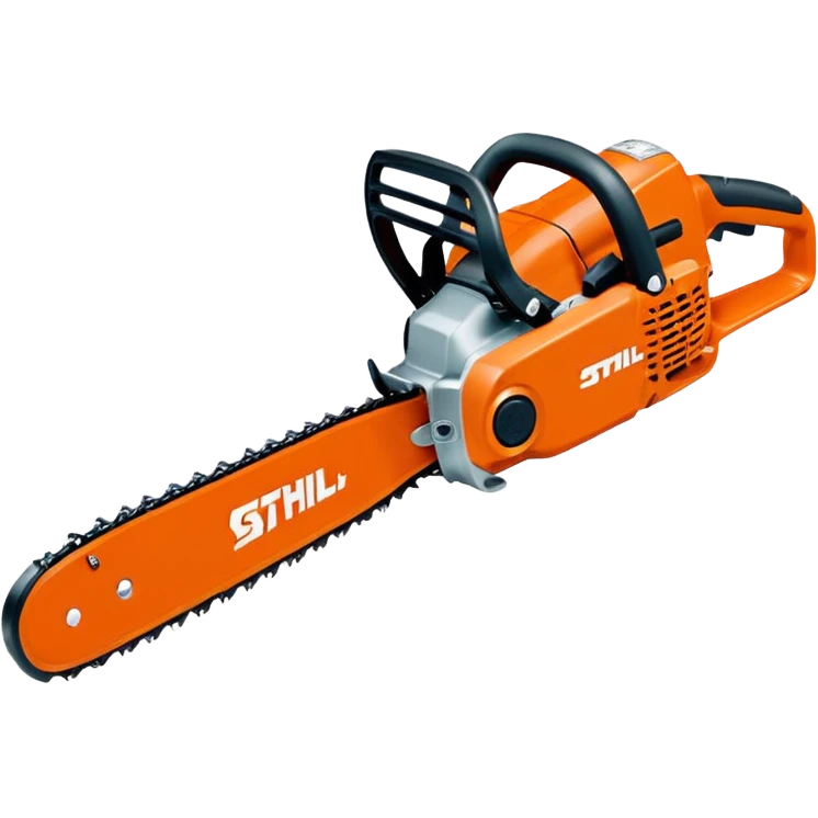 Kettensäge Stihl MS500i von der Seite, mit gut sichtbarem Stihl-Logo, orange-graue Farben, einfacher Emoji-Stil emoji