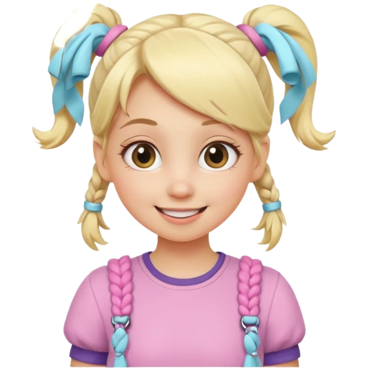 A playful blonde female cartoon character with wide, mischievous eyes, smiling, pigtail, dynamic pose suggesting movement, pastel colors, minimalistic and cute emoji style. emoji